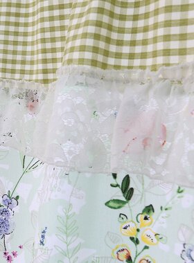 蔷薇田园半帘小清新绿格子花小窗帘 白色蕾丝纱边帘头门帘防尘帘