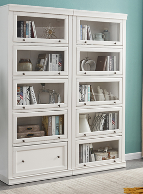美式书柜带玻璃门落地白色实木书架储物收纳柜学生组合防尘书橱