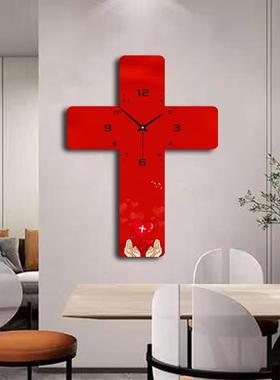 十字架挂钟表大号家居时钟红色实用板材家用挂件挂表现代送电池钟