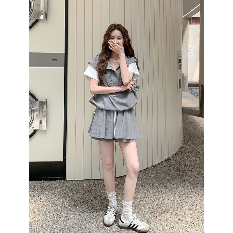 OOTD学院风休闲运动套装女夏季韩版宽松减龄假两件短袖裤裙两件套