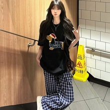 韩系ootd甜酷风休闲运动套装女夏季腊肠狗黑色短袖格子裤两件套