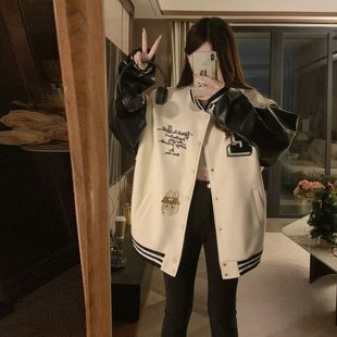 美式复古重磅刺绣棒球服外套女秋冬季爆款翻领刺绣情侣款立领夹克