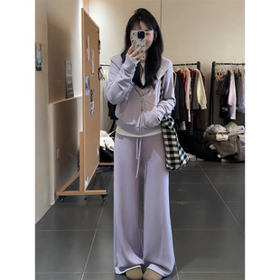 两件套 女秋冬小个子显高穿搭阔腿裤 2026新款 休闲运动紫色卫衣套装