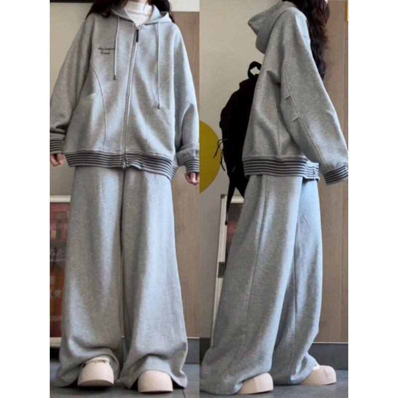 秋冬季韩系时尚休闲运动服套装女宽松显瘦卫衣长裤学生拼接两件套