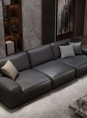 简约中古风大黑牛真皮沙发黑色高级感客厅意式极简直排豆腐块沙发
