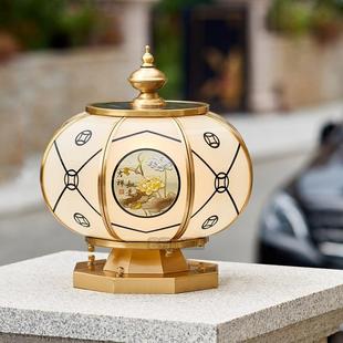 全铜太阳能柱头灯别墅大门口门柱灯庭院圆形柱子灯室外花园围墙灯