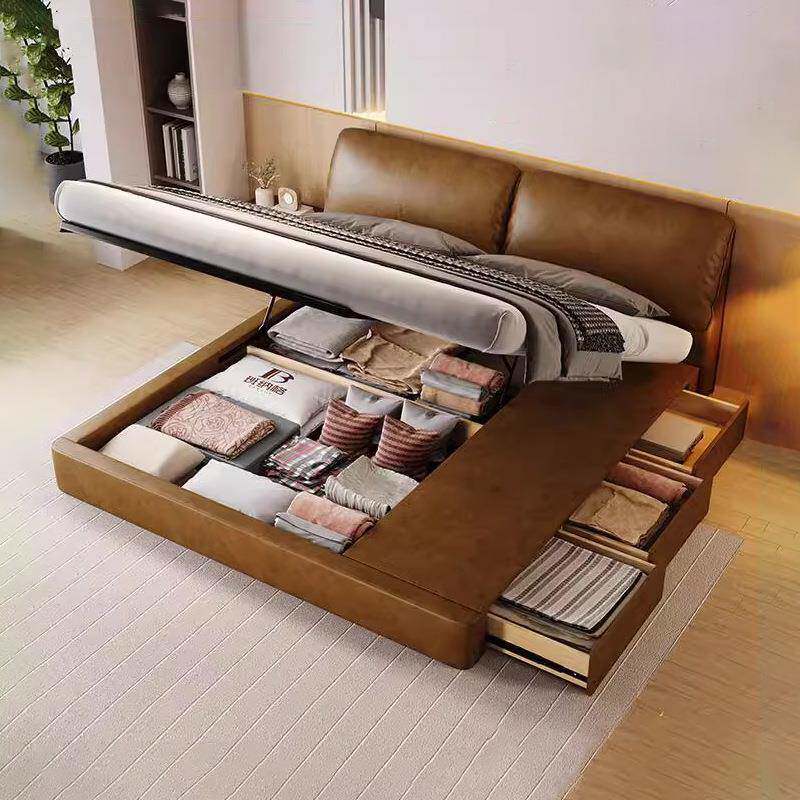 意式极简真皮软包婚床主卧收纳储物三抽屉复古棕色大象耳朵高箱床