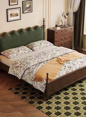 中古风实木床主卧双人1.8米大床黑色法式复古风小户型储物软包床