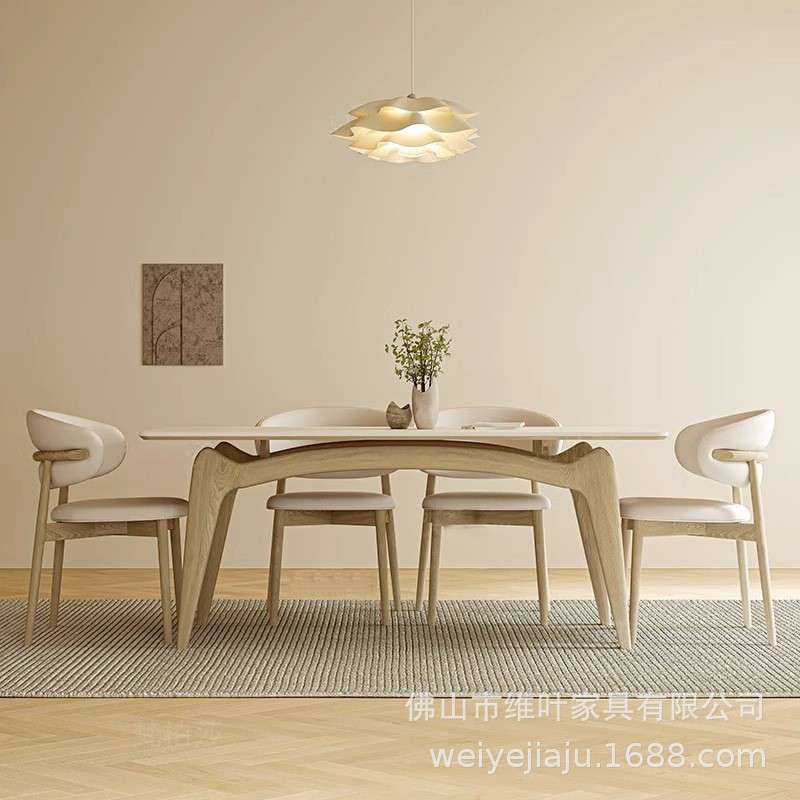 德利丰岩板餐桌椅组合长方形现代简约家用小户型奶油风白蜡木饭桌