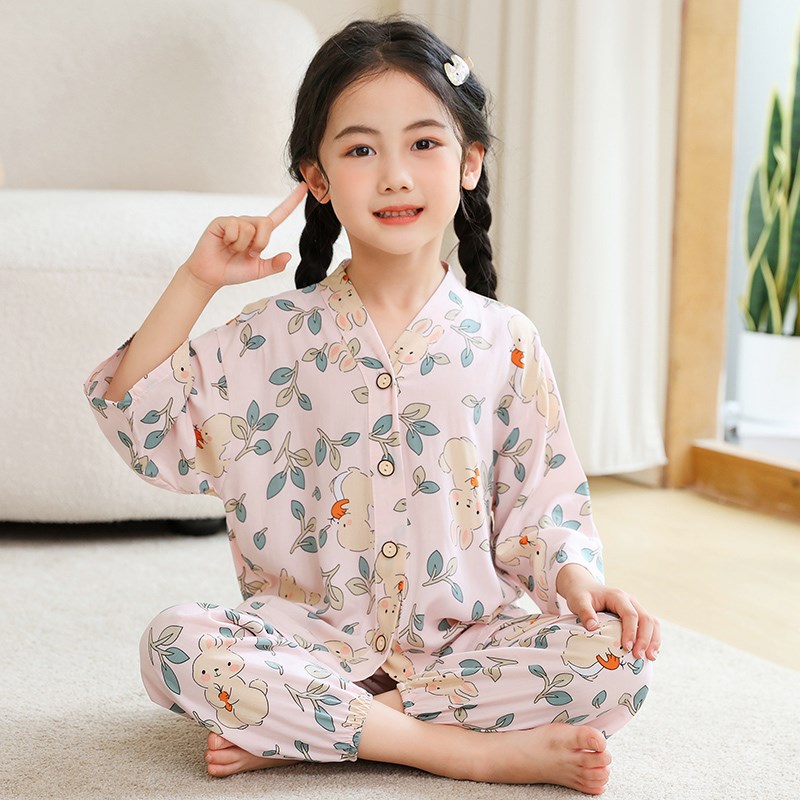 儿童七分袖棉绸睡衣夏季男童女童薄款空调家居服男孩宝宝绵绸套装