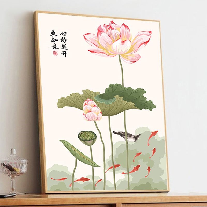 数字油画diy填色画画中国风古韵荷花手工涂色客厅装饰油彩画挂画图片