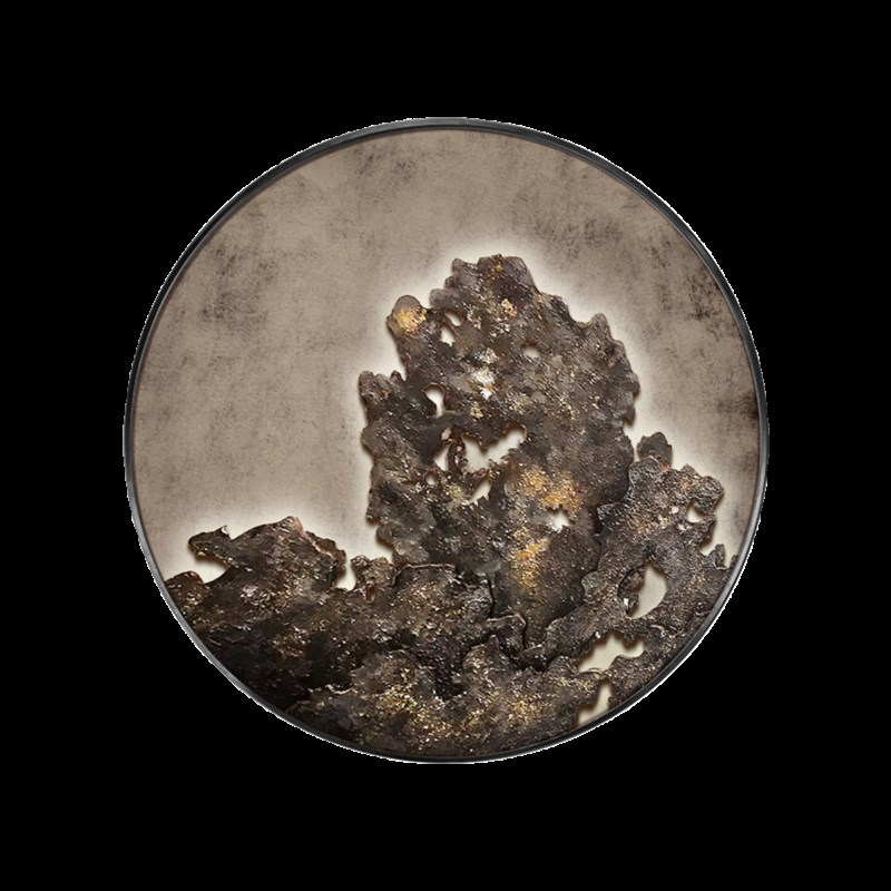 新中式入户玄关圆形装饰画太湖清秋浮雕肌理实物挂画别墅饭厅壁画图片