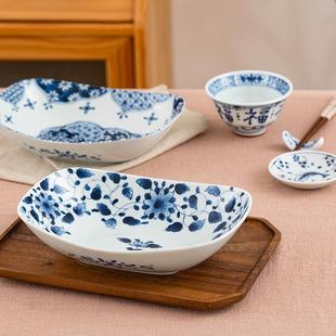 家用餐盘釉下彩青花深口盘长方盘 日本进口蓝凛堂陶瓷鱼盘菜盘日式