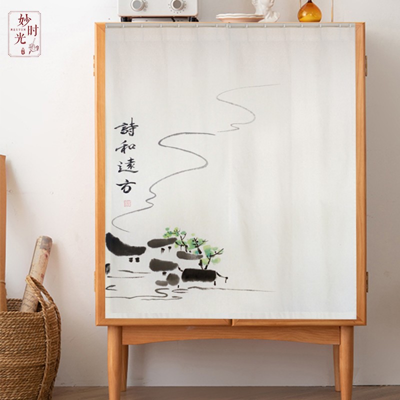 手绘中式布艺门帘 遮柜子防尘书架挡灰帘国风亚麻挂帘半帘免打孔