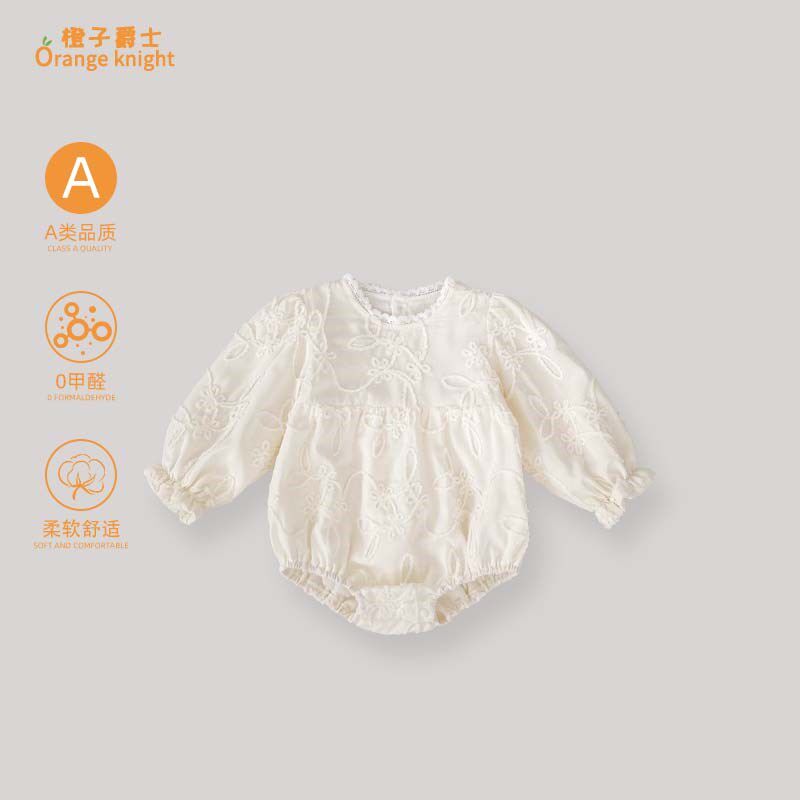 小月龄婴儿春秋季蕾丝圆领连身衣女宝宝韩版甜美长袖三角包屁衣