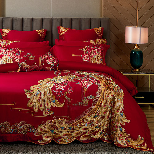 高端刺绣婚庆四件套100支长绒棉大红色全棉中式结婚纯棉床上用品4