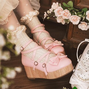 现货丨古早塔塔丨lolita鞋坡跟松糕可爱尖圆头蝴蝶结古早感