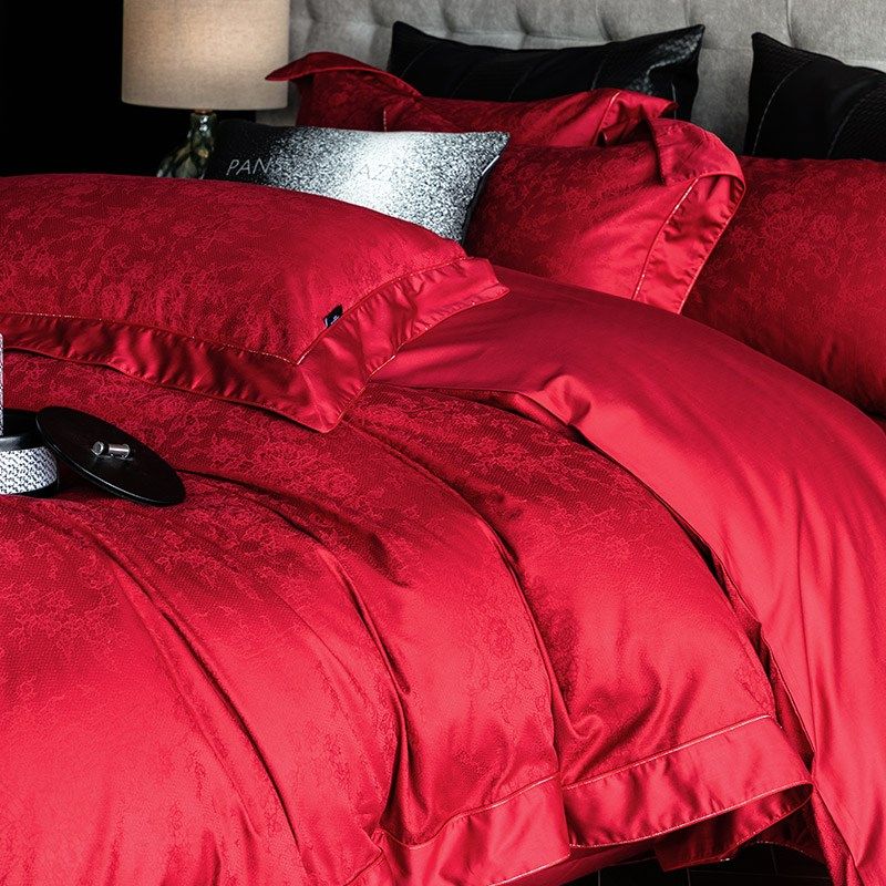 婚庆100S长绒棉新婚四件套纯棉双重金银丝线提花暗纹被套床上用品