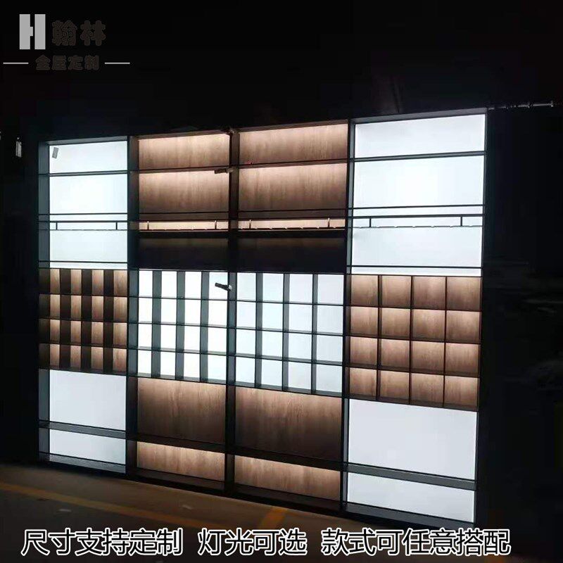 厨房台面发光置物架全铝合金现代多层黑一字形简约红酒杯灯光开架