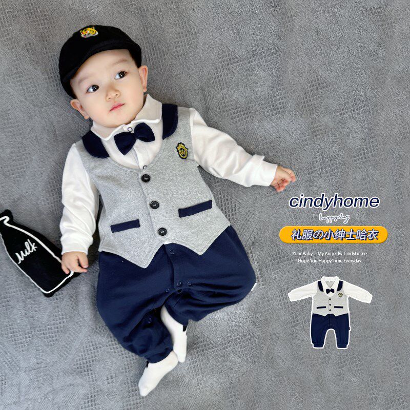 婴儿新生儿宝宝春秋洋气小绅士满月百日宴周岁连体衣哈衣爬服