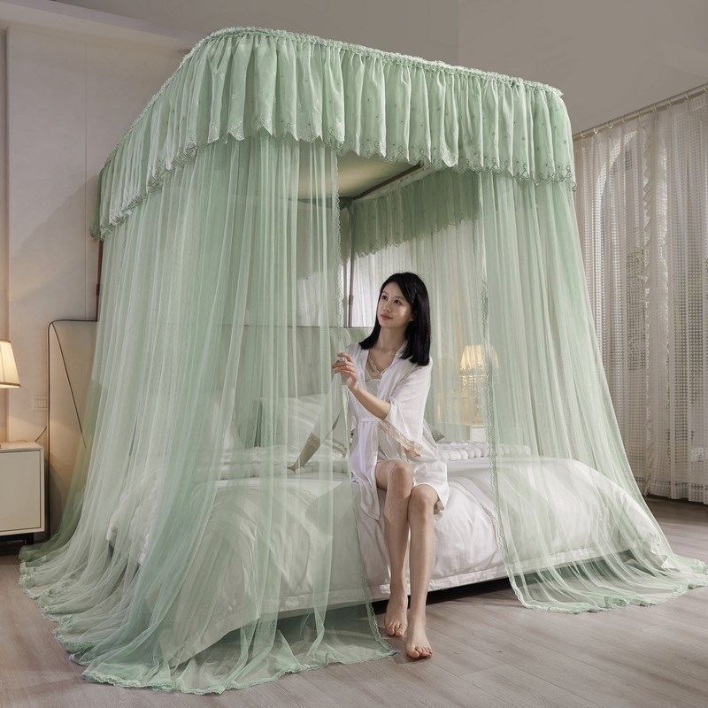 新款轨道U型导轨蚊帐落地加密3开门家用卧室防尘顶雪纺花边公主风