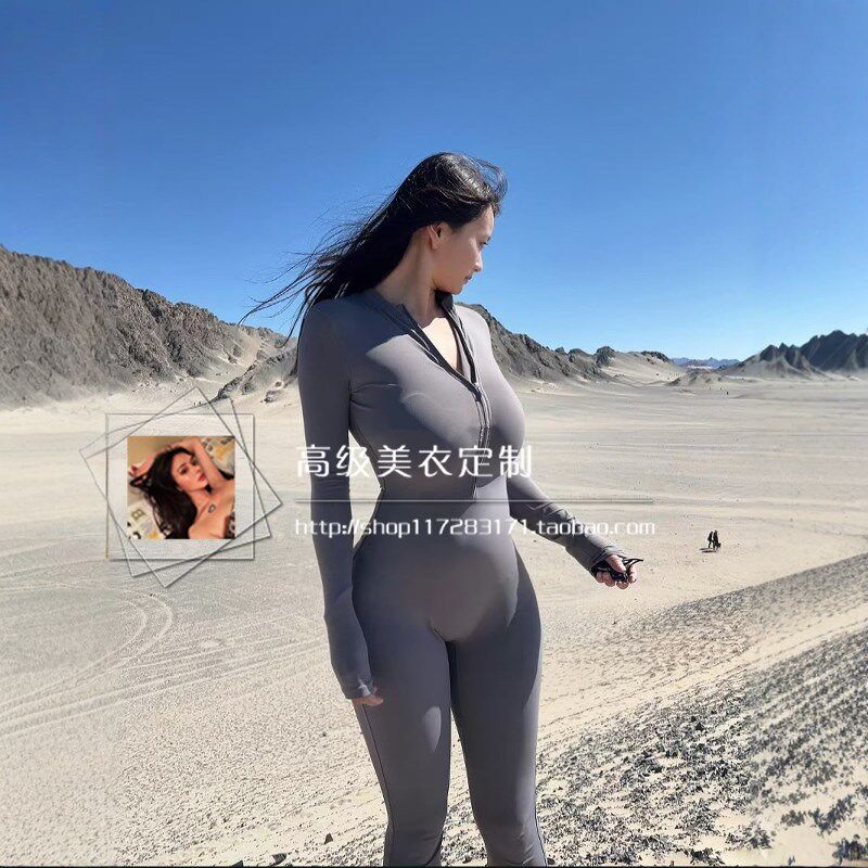 御姐裸感a高弹长袖紧身连体衣女美式春夏外穿显身材瑜伽健身连体