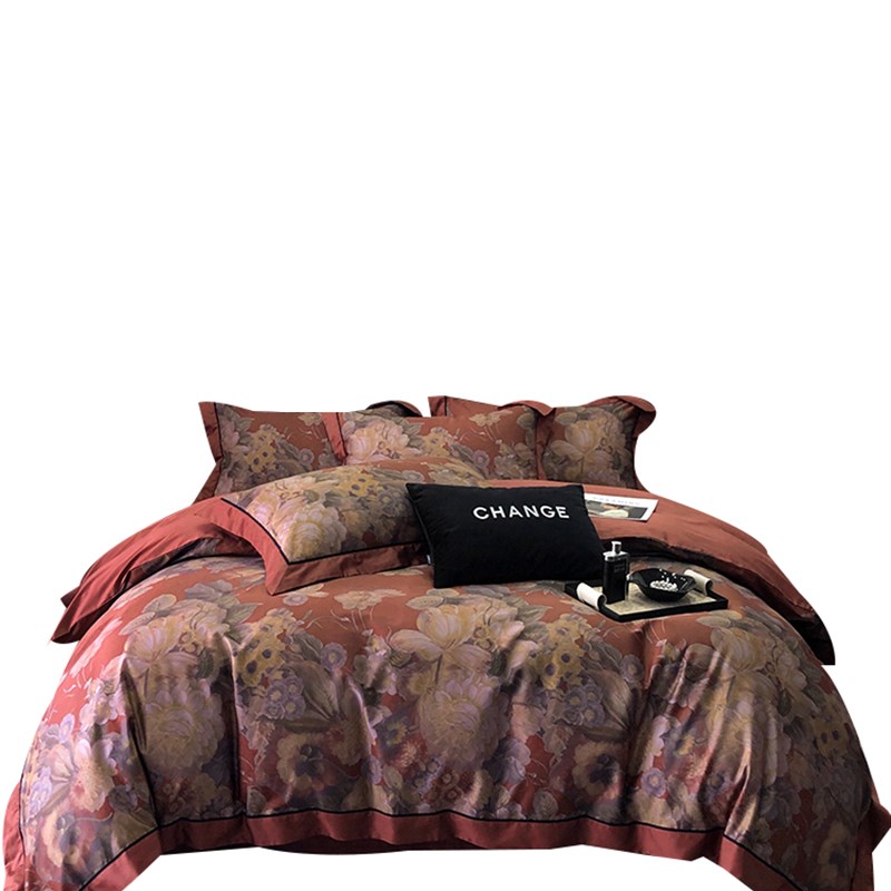 高级感裸睡100S长绒棉结婚床单四件套全棉印花被套田园风床上用品