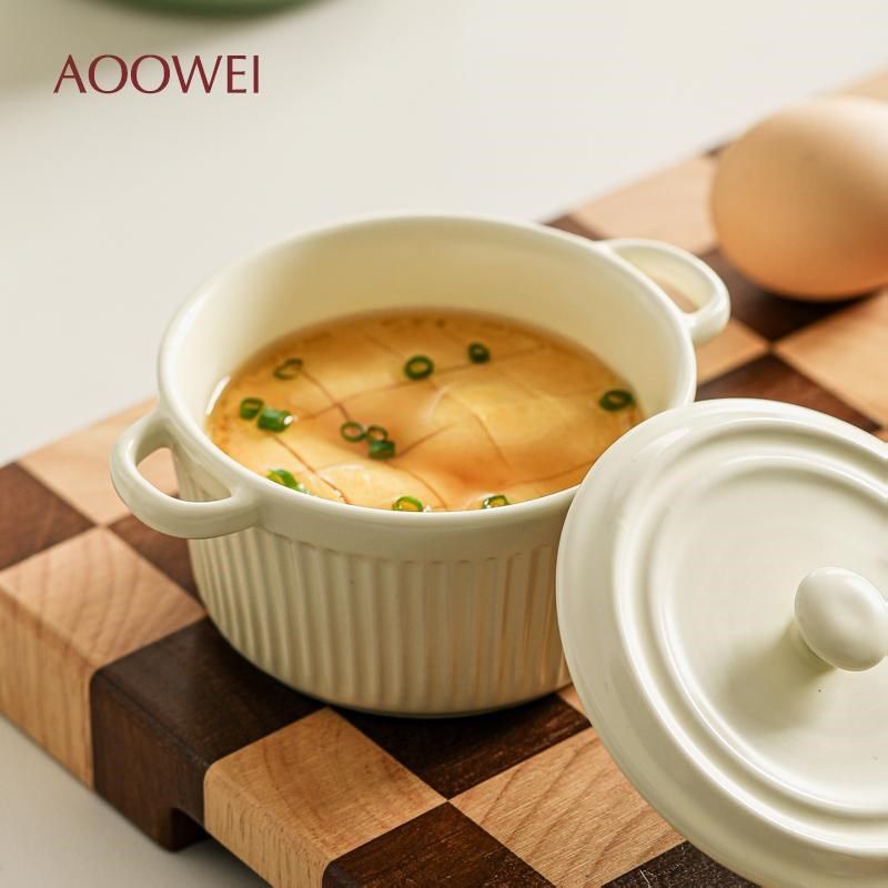 天然陶瓷蒸蛋碗专用舒芙蕾烤碗空气炸H锅焗饭碗带盖炖盅双耳小汤