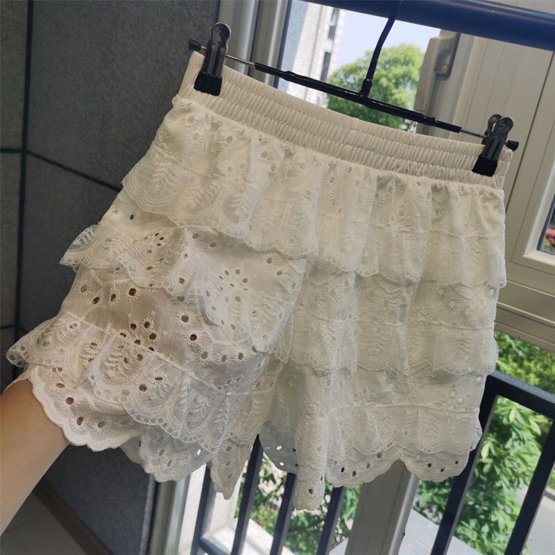 蕾丝绣花蛋糕短款女夏季薄款防走光安全裤打底裤双层可外穿阔腿裤