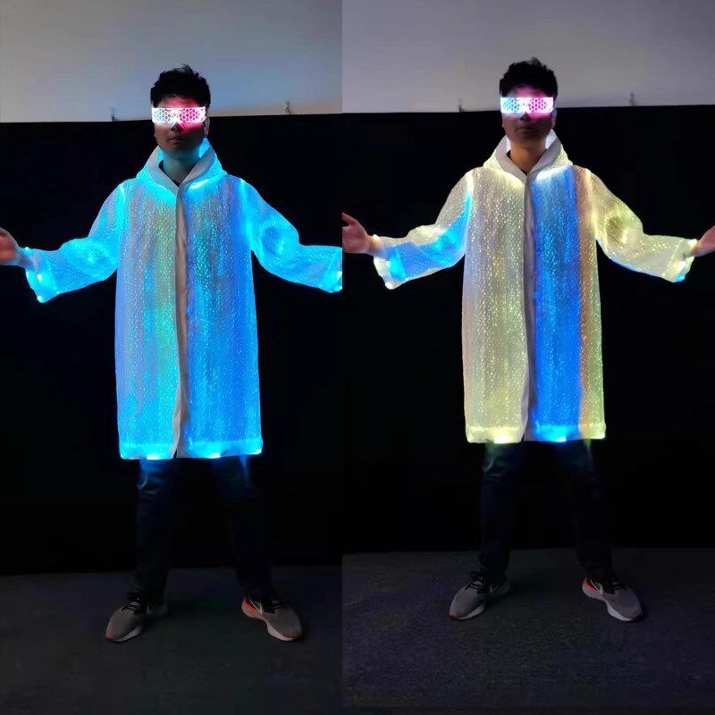 七彩发光光纤布连帽长款风衣酒吧舞台表演服夜店长袖变色出酒服装