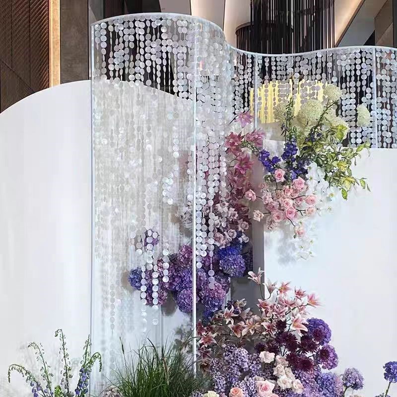 新款婚礼布置贝母片装饰异型线帘S支架婚庆舞台背景布幔装饰