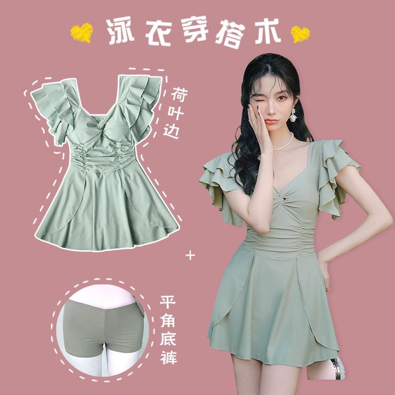 连体泳衣女孩微胖大码粉红色甜美少女显瘦遮手臂遮肚子泡温泉泳装