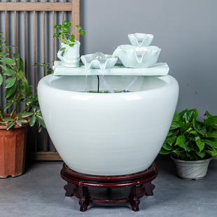 大型白色陶瓷流水鱼缸水缸阳台造景水循环办公室客厅养.鱼缸落地