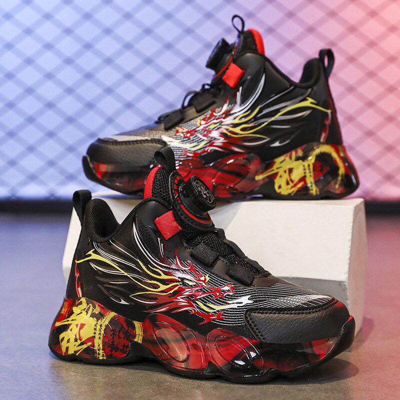 儿童跑步鞋秋季2024新款潮酷网面透气男童轻便旋转扣运动鞋子皮面