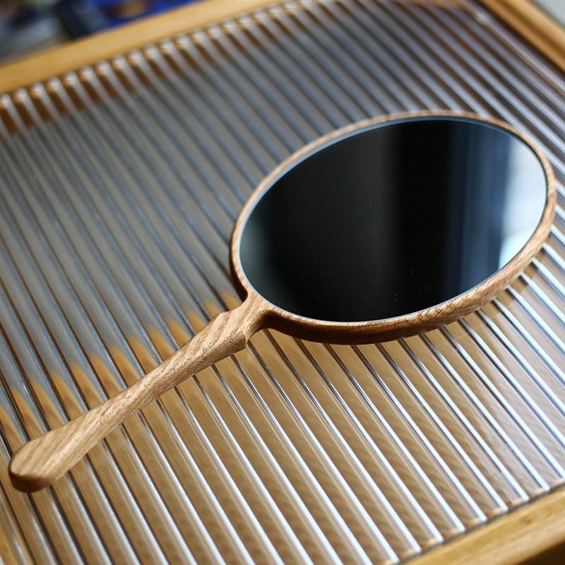 橡木超大手柄化妆镜子便携实木手持梳妆美容院镜定制LOGO刻字