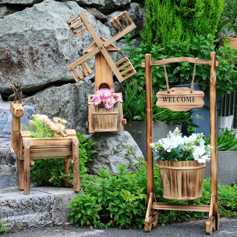 户外庭院花园装饰木制花器摆件阳台落地花架幼儿园造景道具材料
