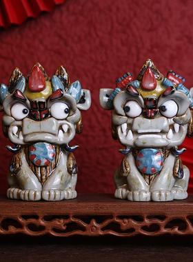 陶瓷狮子摆件一对可爱中式摆件客厅中国风国朝礼品结婚礼物送新人