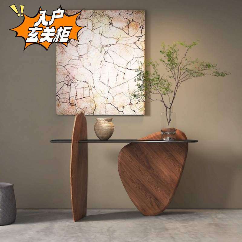 北欧烤漆玄关台桌实木胡桃木色入户门厅柜案台现代简约装饰台整装