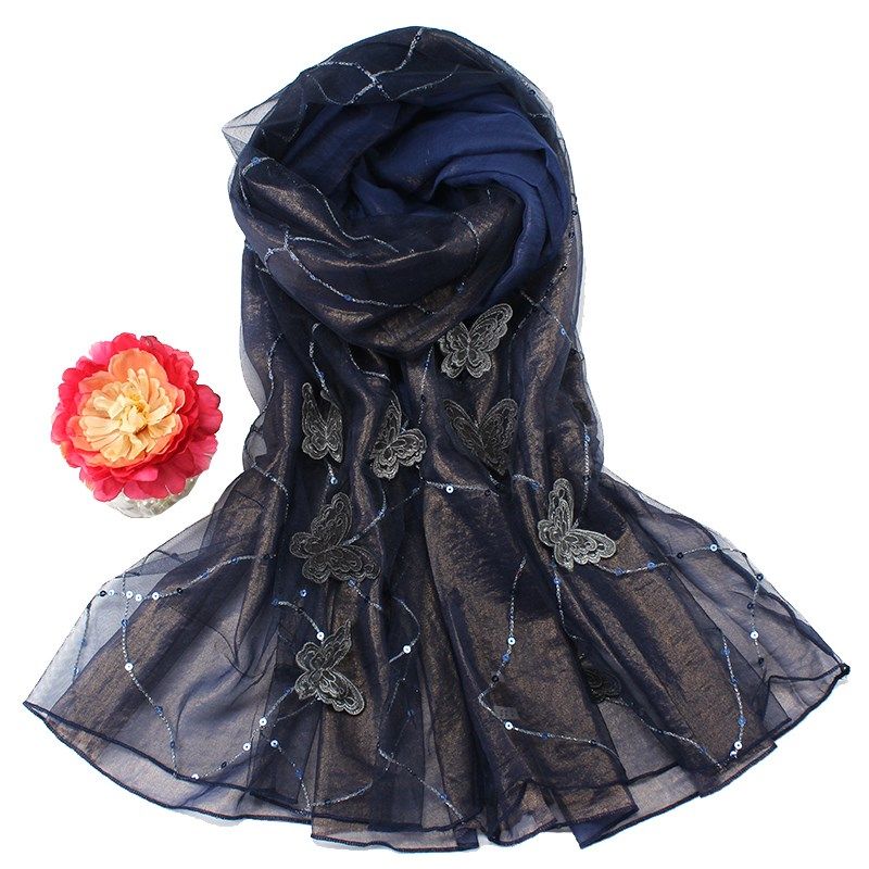 韩版秋冬季纯色蕾丝雪纺绣花围巾百搭时尚新款丝巾披肩两用纱巾女