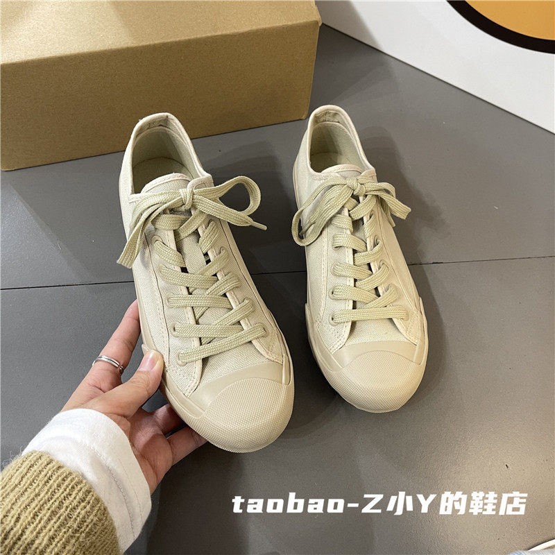 韩国ins小众设计春夏百搭硫化系带低帮帆布鞋极简风奶油色板鞋女