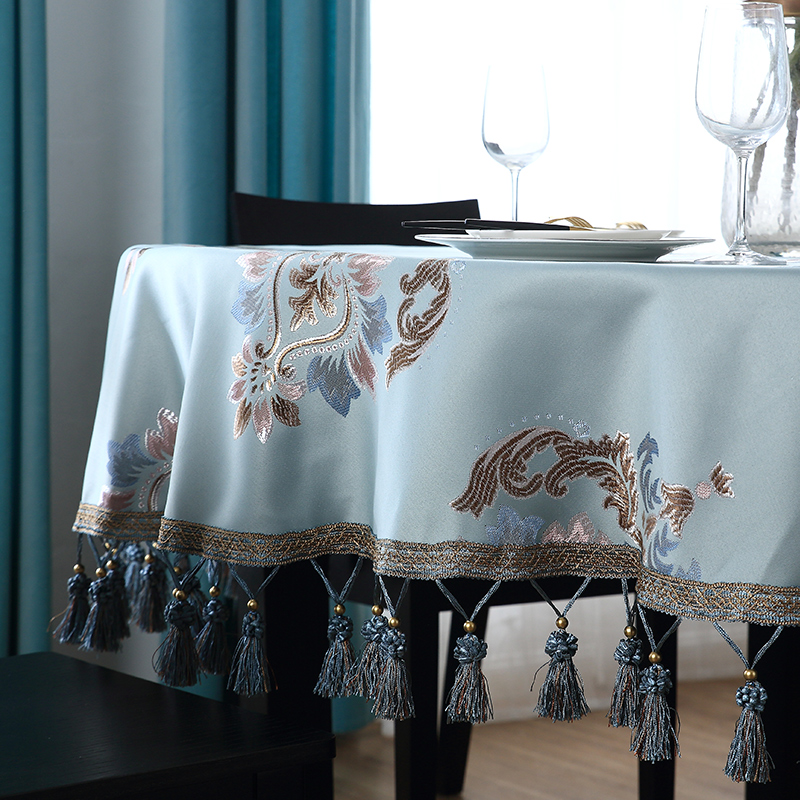 欧式1.5米圆桌子桌垫定制尺寸茶几桌布定制展会台布浅蓝色餐桌布
