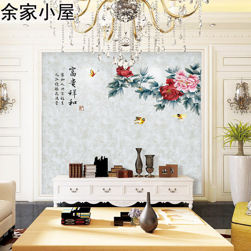 定制独秀背景墙墙布 中式牡丹独绣背景壁布 客厅沙发电视刺绣壁画