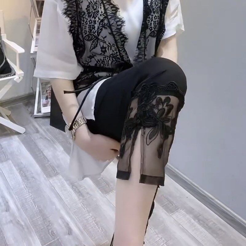 欧货夏季拼纱纸皮裤女松紧腰刺绣蕾丝直筒裤弹力百搭显瘦七分裤潮