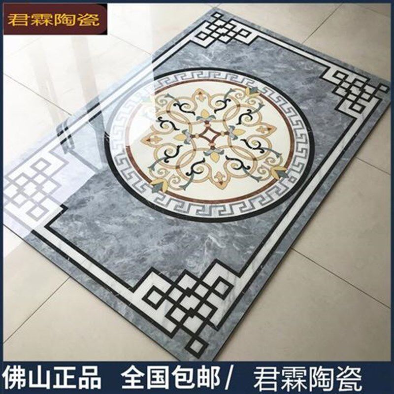 新中式灰色客厅拼花地砖800800 餐厅过道微晶石仿水刀地拼花瓷砖