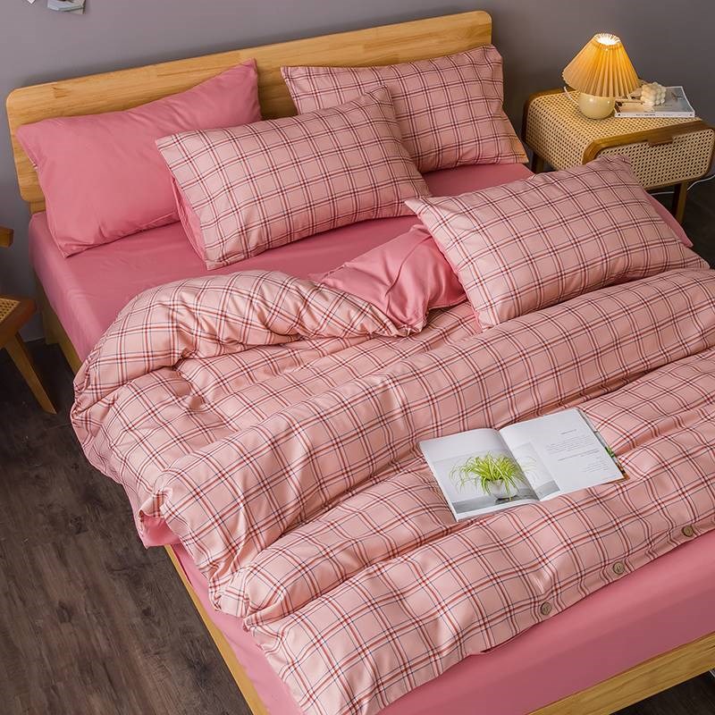 网红浅蓝色条纹四件套简易纽扣被套2米床床单学生宿舍日式三件套