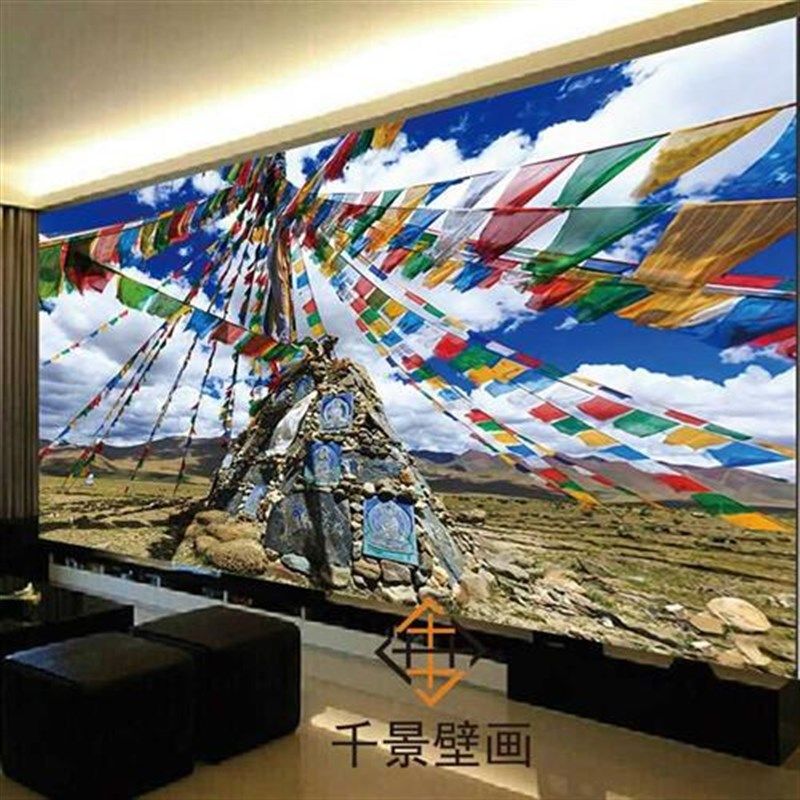 藏式经幡壁纸五彩风马旗西藏风景草原布拉达宫背景墙电视客厅壁画