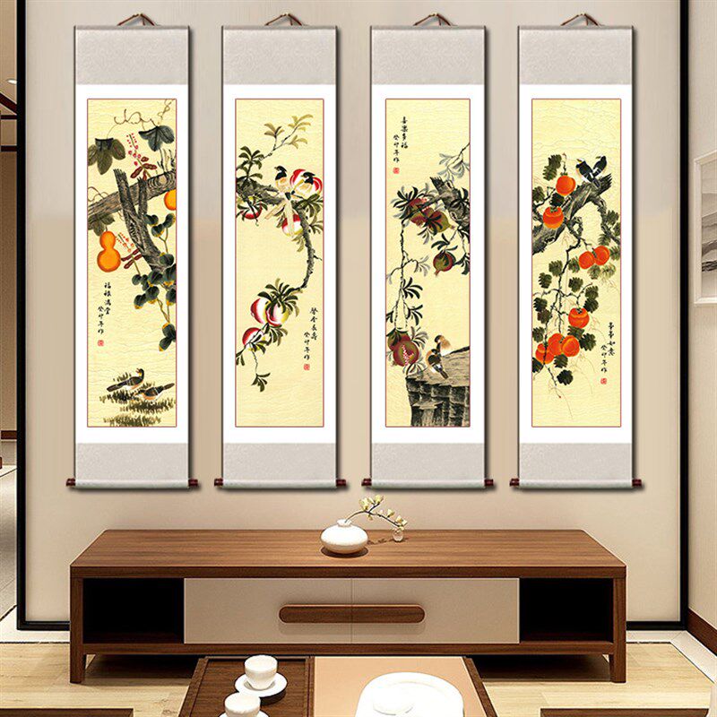 新中式梅兰竹菊挂画书房客厅春夏秋冬背景装饰画四联幅卷轴字画