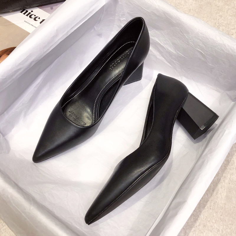 高跟鞋女粗跟g2021年新款春秋黑色职业尖头工作软皮单鞋5cm不磨脚