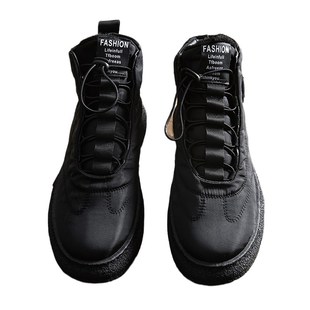 面包鞋厚底冬季保暖加绒男款黑色羽绒一脚蹬帆布棉鞋男半高帮鞋