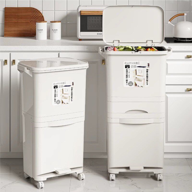 厨房垃圾桶家用大号高款大容量日式双层带盖免弯腰干湿分离可移动